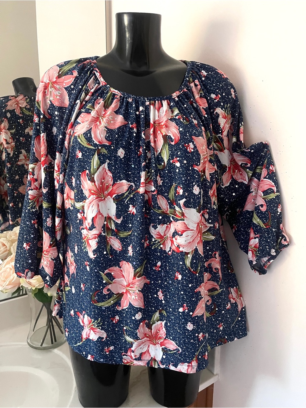 CATHY DANIELS Floral Women’s Tunic Top XL Blue Pink Blouse Stretch Shirt